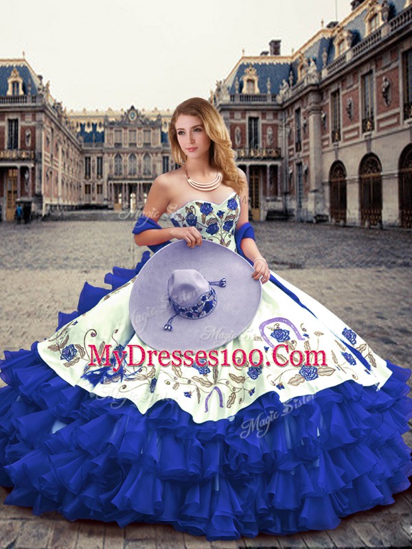 High Quality Royal Blue Sleeveless Organza Lace Up Quince Ball Gowns for Military Ball and Sweet 16 and Quinceanera