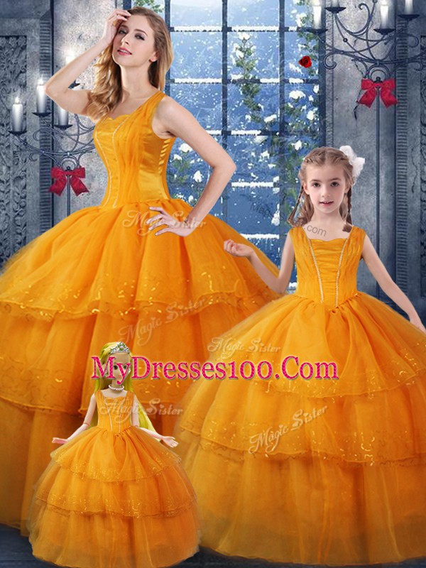 Suitable Orange Sleeveless Ruffled Layers Floor Length 15th Birthday Dress