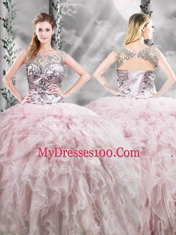 Custom Design Pink Sleeveless Ruffles Floor Length Quinceanera Dress