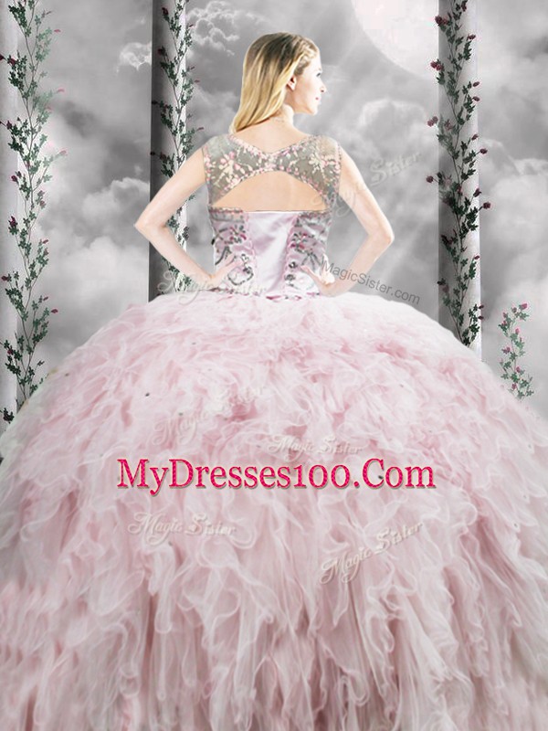 Custom Design Pink Sleeveless Ruffles Floor Length Quinceanera Dress