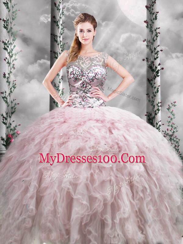 Custom Design Pink Sleeveless Ruffles Floor Length Quinceanera Dress