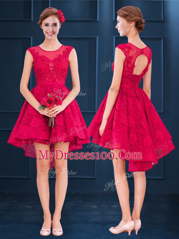 New Arrival Scoop Sleeveless Clasp Handle Vestidos de Damas Wine Red Satin and Lace