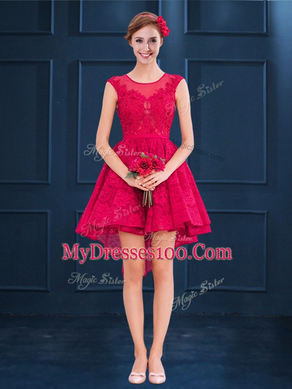 New Arrival Scoop Sleeveless Clasp Handle Vestidos de Damas Wine Red Satin and Lace