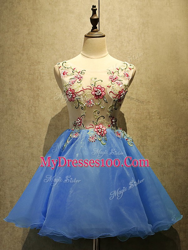 Sleeveless Organza Mini Length Lace Up Prom Dress in Blue with Embroidery