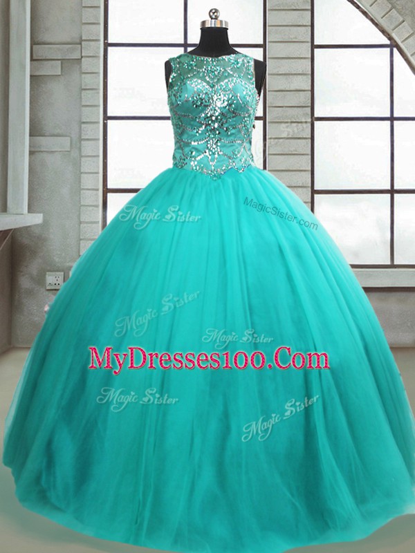 Nice Turquoise Scoop Lace Up Beading Quinceanera Gown Sleeveless