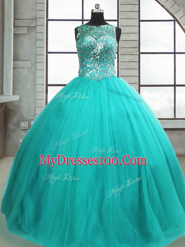 Nice Turquoise Scoop Lace Up Beading Quinceanera Gown Sleeveless