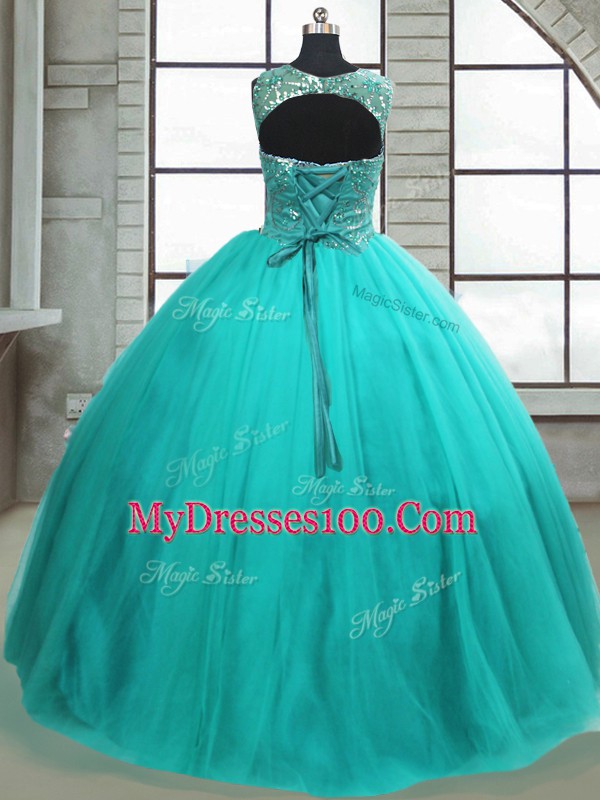Nice Turquoise Scoop Lace Up Beading Quinceanera Gown Sleeveless