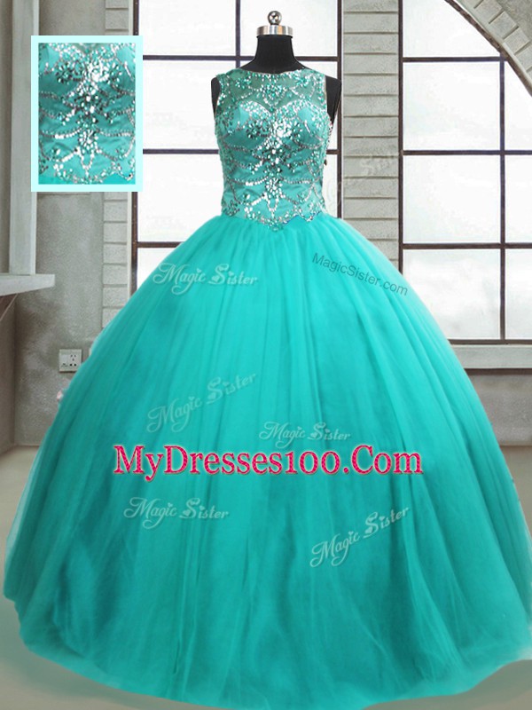 Nice Turquoise Scoop Lace Up Beading Quinceanera Gown Sleeveless
