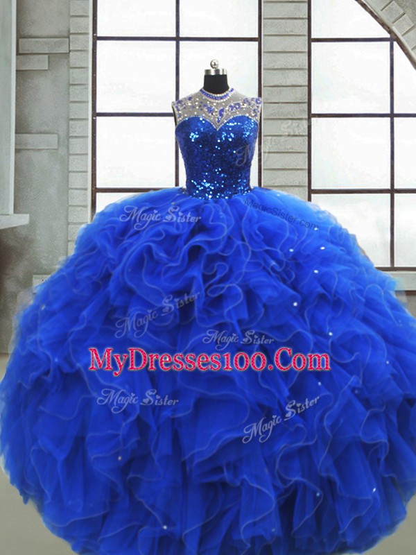 Royal Blue Organza Zipper Scoop Sleeveless Floor Length Sweet 16 Dress Ruffles and Sequins