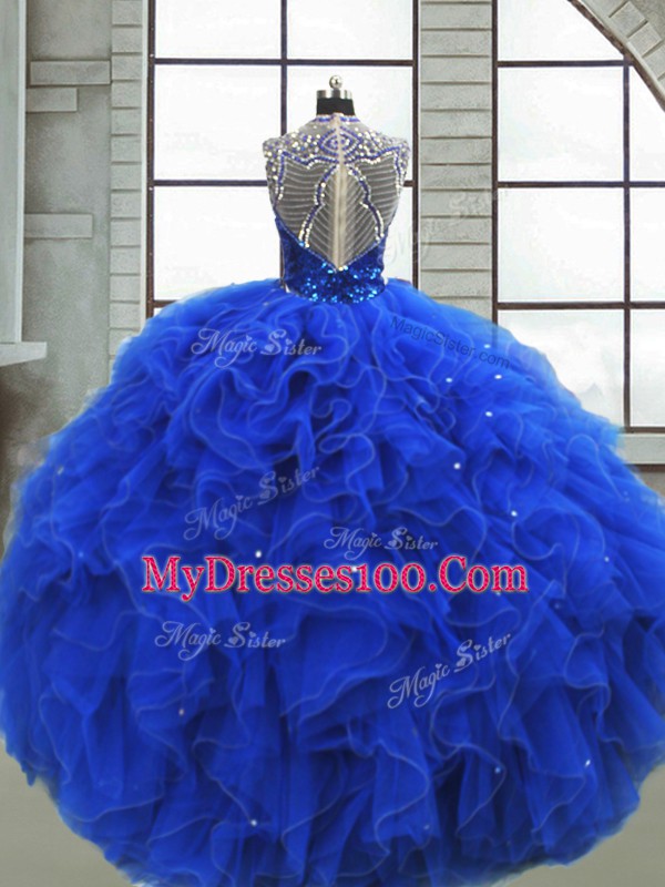 Royal Blue Organza Zipper Scoop Sleeveless Floor Length Sweet 16 Dress Ruffles and Sequins