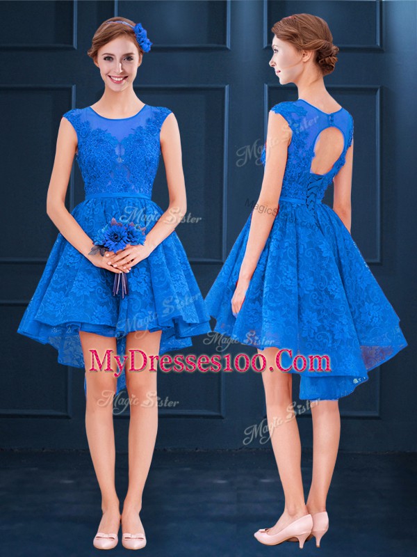 Fantastic Sleeveless High Low Lace and Belt Clasp Handle Bridesmaid Gown with Blue