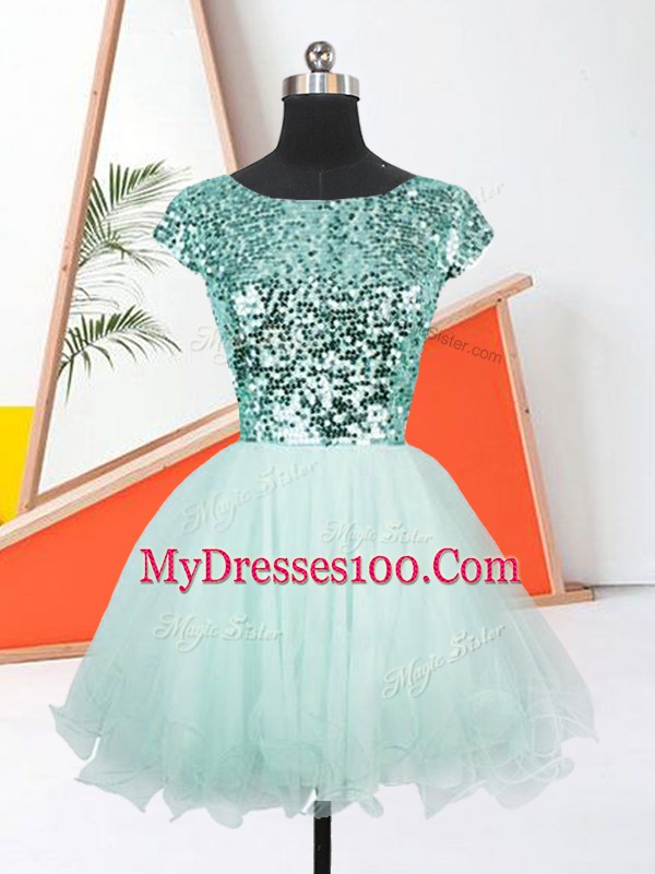 Glittering Mini Length Apple Green Organza Short Sleeves Sequins