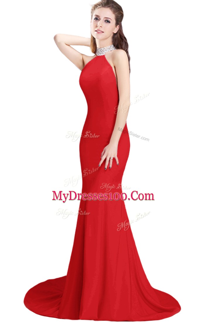 Red Prom Evening Gown Elastic Woven Satin Brush Train Sleeveless Beading