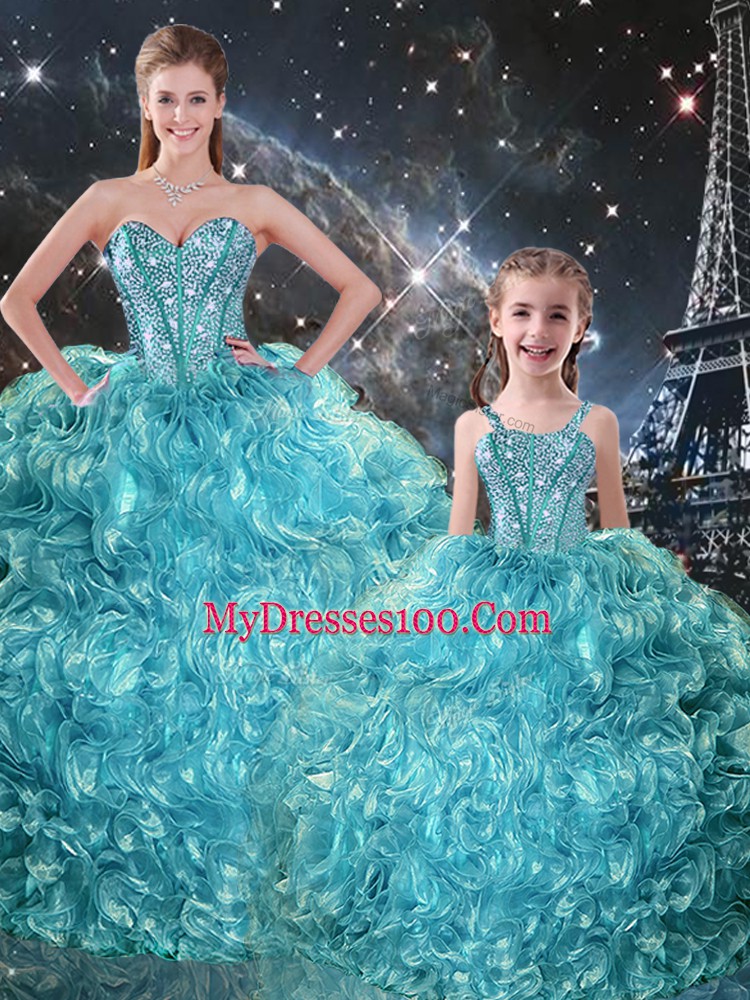 Cheap Sweetheart Sleeveless 15th Birthday Dress Floor Length Beading and Ruffles Aqua Blue Organza