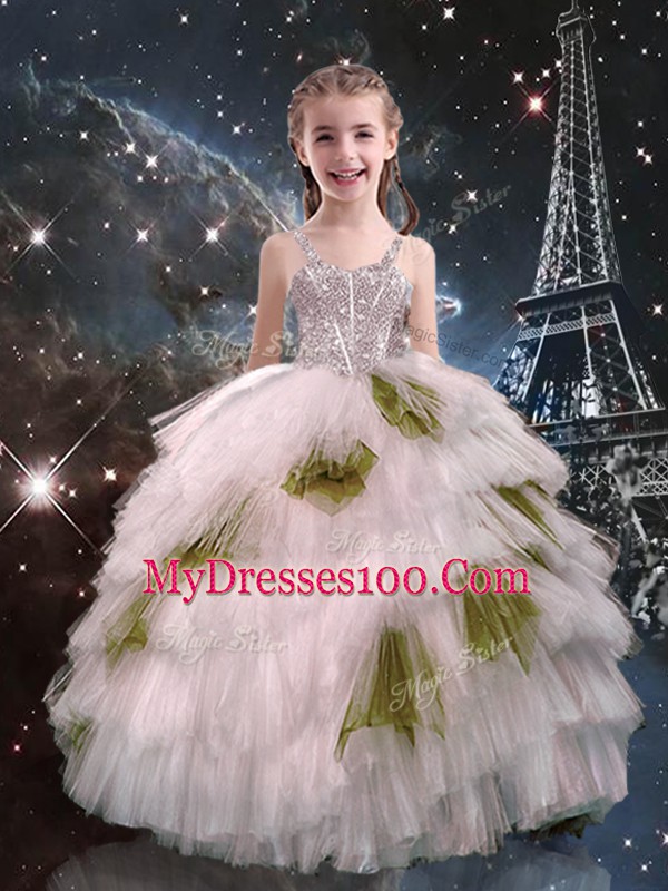 Straps Sleeveless Tulle Girls Pageant Dresses Beading and Ruffled Layers Lace Up
