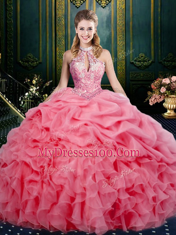 Watermelon Red Lace Up Vestidos de Quinceanera Beading and Ruffles and Pick Ups Sleeveless Floor Length