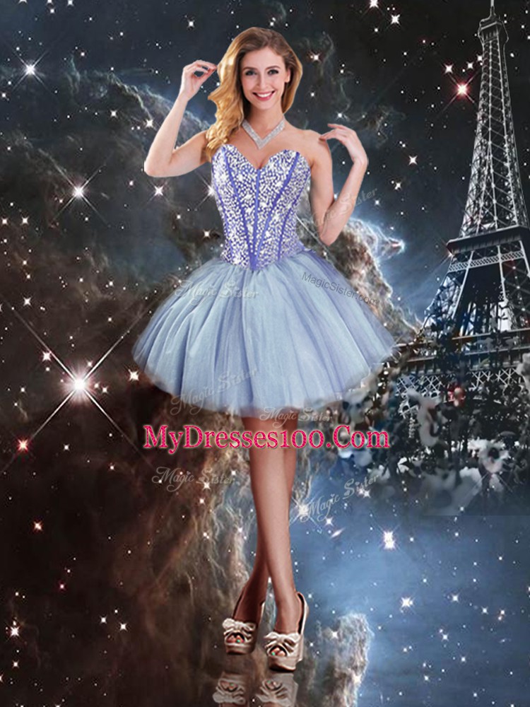 Beading 15th Birthday Dress Blue Lace Up Sleeveless Floor Length