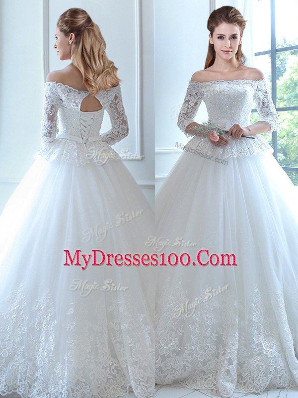 Inexpensive Floor Length Ball Gowns Sleeveless White Wedding Dress Lace Up