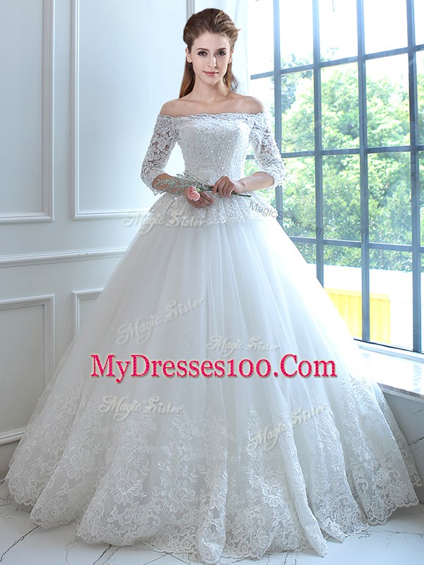 Inexpensive Floor Length Ball Gowns Sleeveless White Wedding Dress Lace Up