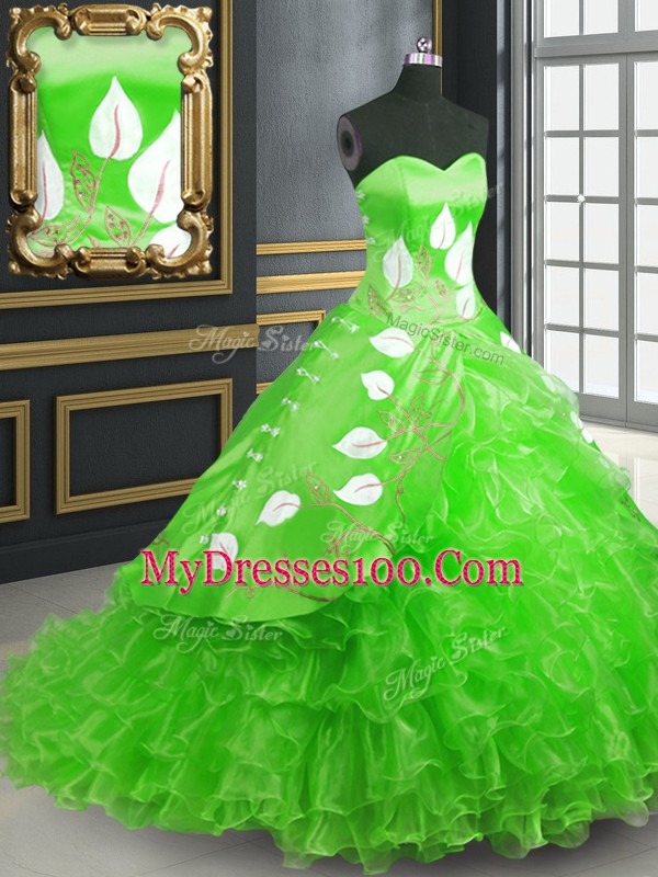 Fantastic Sleeveless Brush Train Embroidery Lace Up Quince Ball Gowns