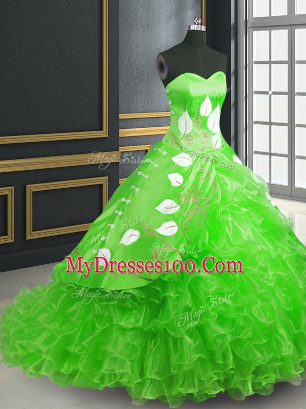 Fantastic Sleeveless Brush Train Embroidery Lace Up Quince Ball Gowns