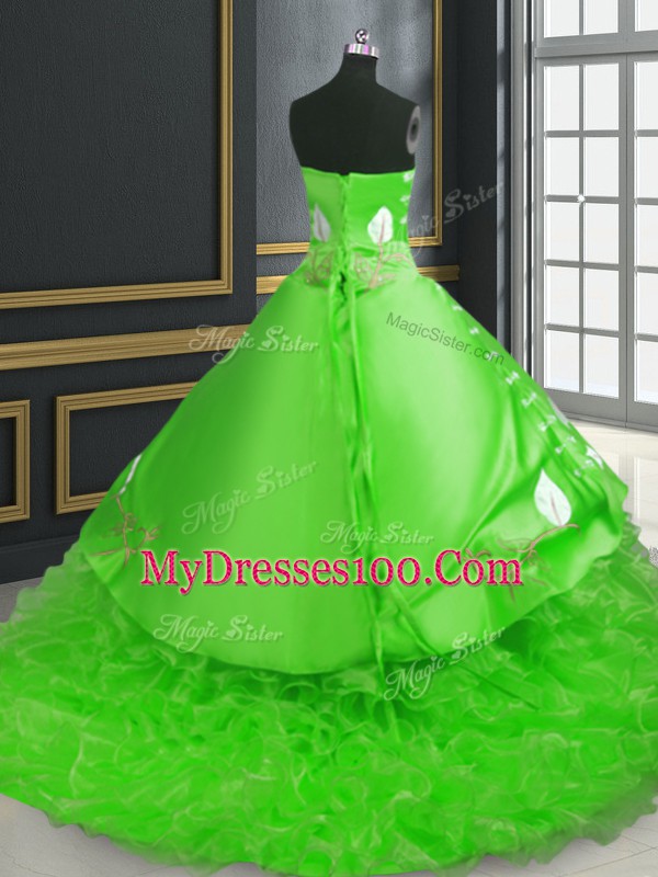 Fantastic Sleeveless Brush Train Embroidery Lace Up Quince Ball Gowns