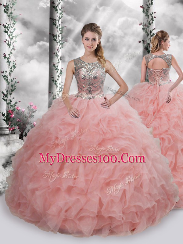 Sleeveless Organza Floor Length Lace Up Ball Gown Prom Dress in Baby Pink with Beading and Ruffles