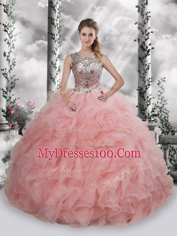 Sleeveless Organza Floor Length Lace Up Ball Gown Prom Dress in Baby Pink with Beading and Ruffles