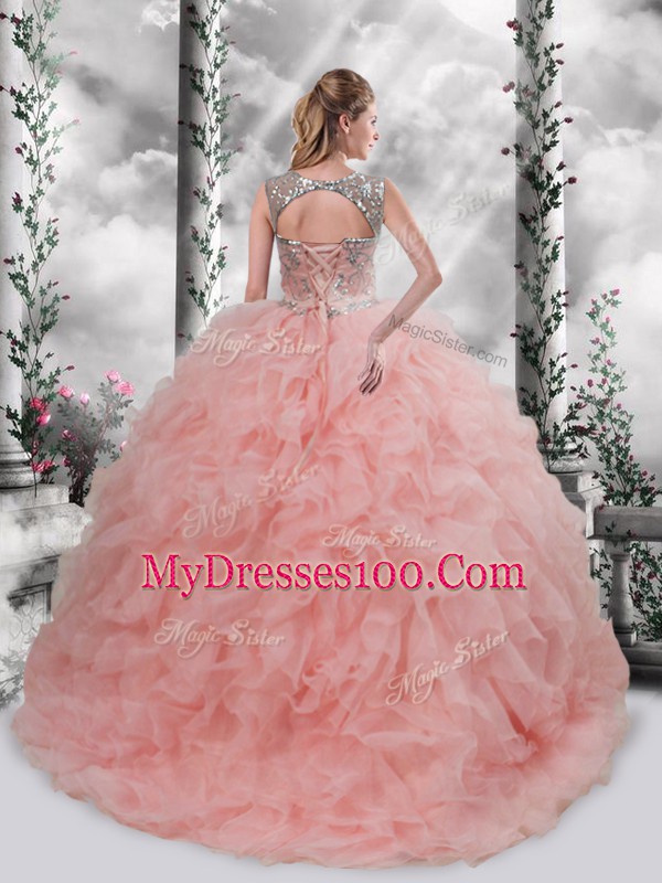 Sleeveless Organza Floor Length Lace Up Ball Gown Prom Dress in Baby Pink with Beading and Ruffles