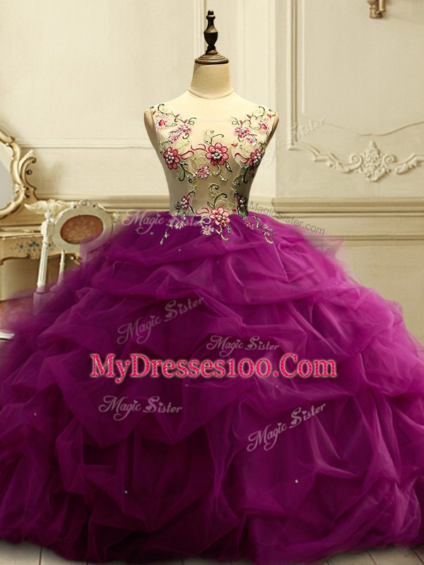 Glorious Fuchsia Ball Gowns Scoop Sleeveless Organza Floor Length Lace Up Appliques and Ruffles and Sequins 15 Quinceanera Dress