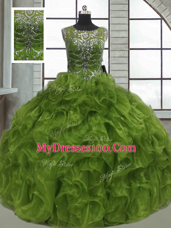 Elegant Olive Green Ball Gowns Beading and Ruffles Sweet 16 Dresses Lace Up Organza Sleeveless Floor Length