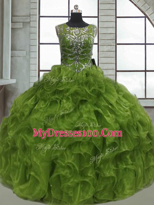 Elegant Olive Green Ball Gowns Beading and Ruffles Sweet 16 Dresses Lace Up Organza Sleeveless Floor Length