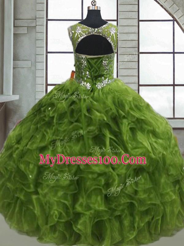 Elegant Olive Green Ball Gowns Beading and Ruffles Sweet 16 Dresses Lace Up Organza Sleeveless Floor Length