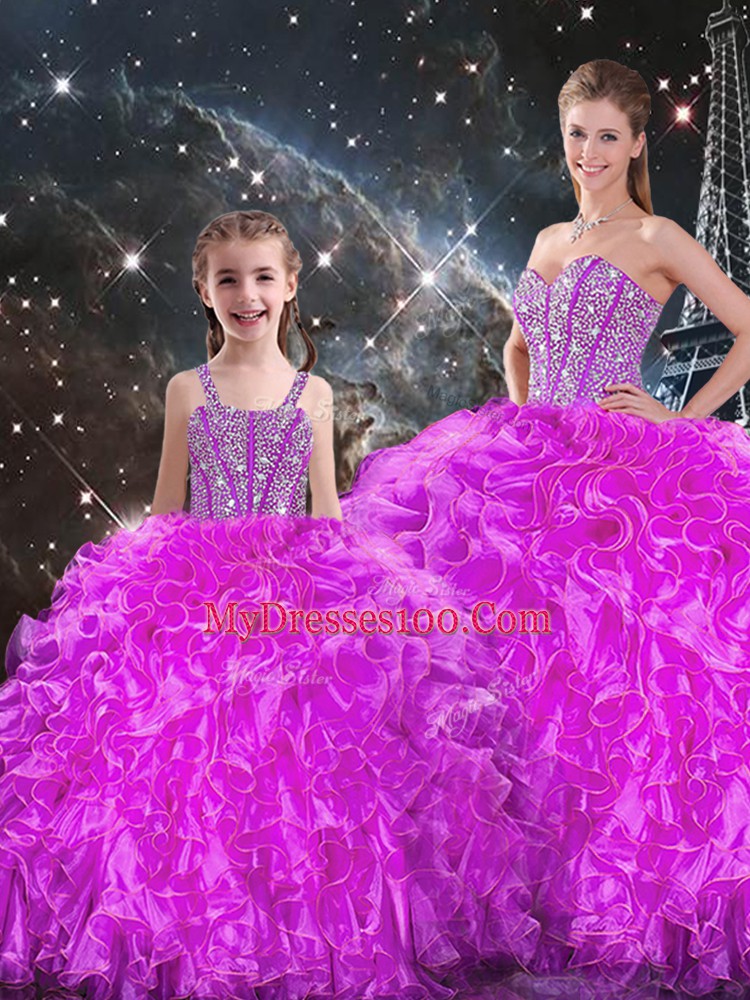 Floor Length Fuchsia Ball Gown Prom Dress Organza Sleeveless Beading and Ruffles