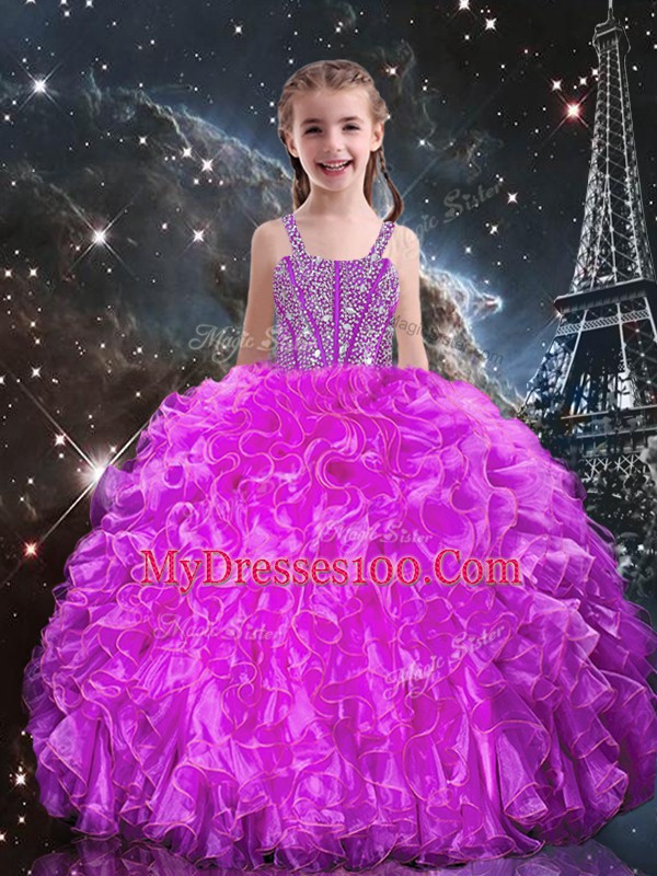 Floor Length Fuchsia Ball Gown Prom Dress Organza Sleeveless Beading and Ruffles