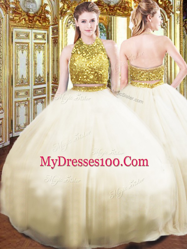Sumptuous Champagne Ball Gowns Tulle Halter Top Sleeveless Beading Floor Length Zipper Quinceanera Gowns