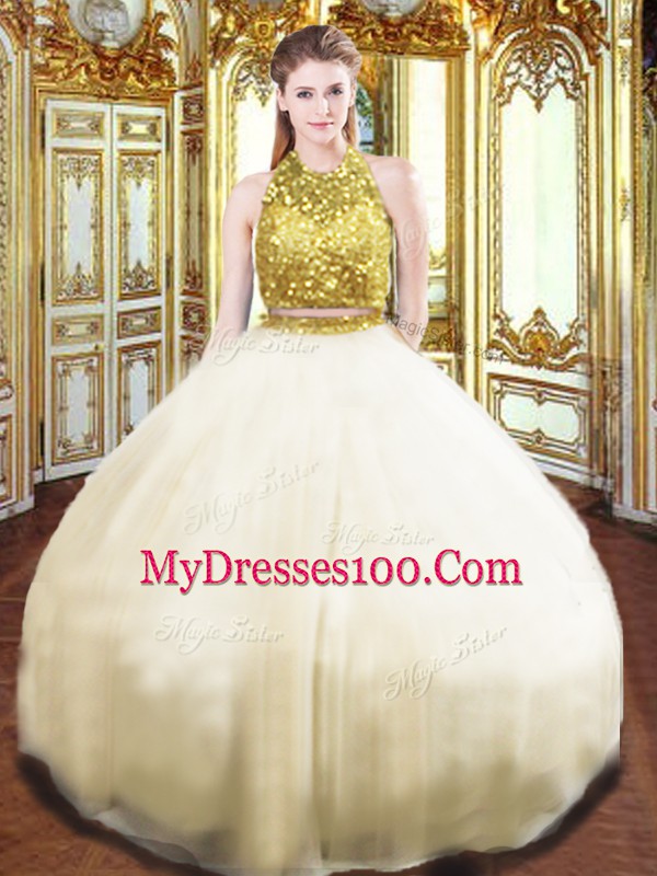 Sumptuous Champagne Ball Gowns Tulle Halter Top Sleeveless Beading Floor Length Zipper Quinceanera Gowns