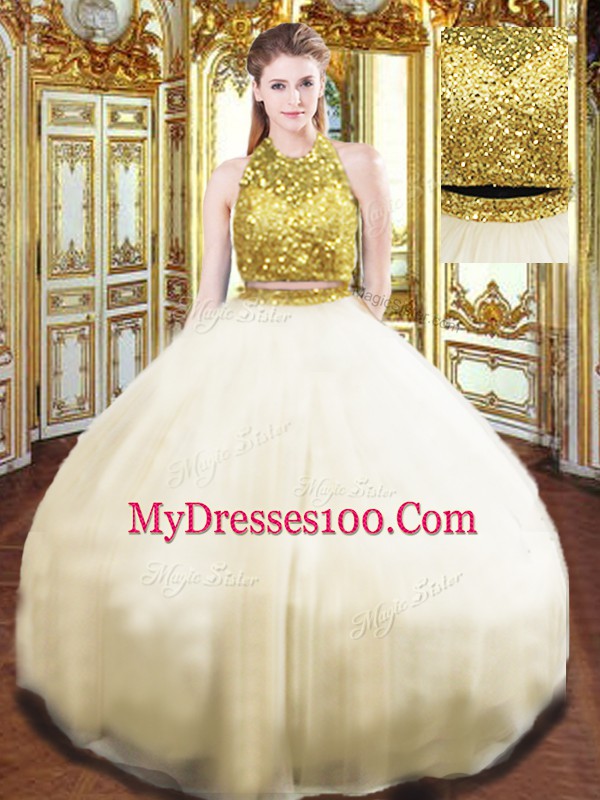 Sumptuous Champagne Ball Gowns Tulle Halter Top Sleeveless Beading Floor Length Zipper Quinceanera Gowns