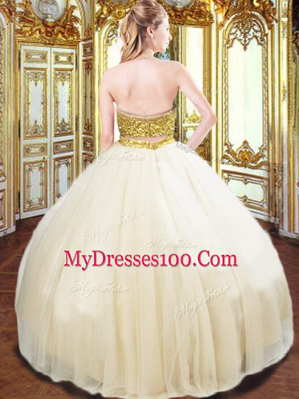 Sumptuous Champagne Ball Gowns Tulle Halter Top Sleeveless Beading Floor Length Zipper Quinceanera Gowns