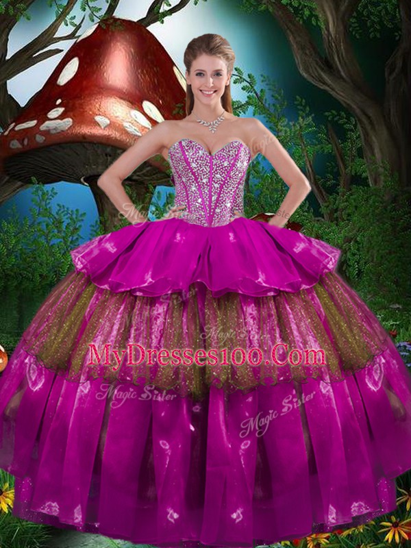 Custom Made Sleeveless Beading and Ruffled Layers Lace Up Quinceanera Gown