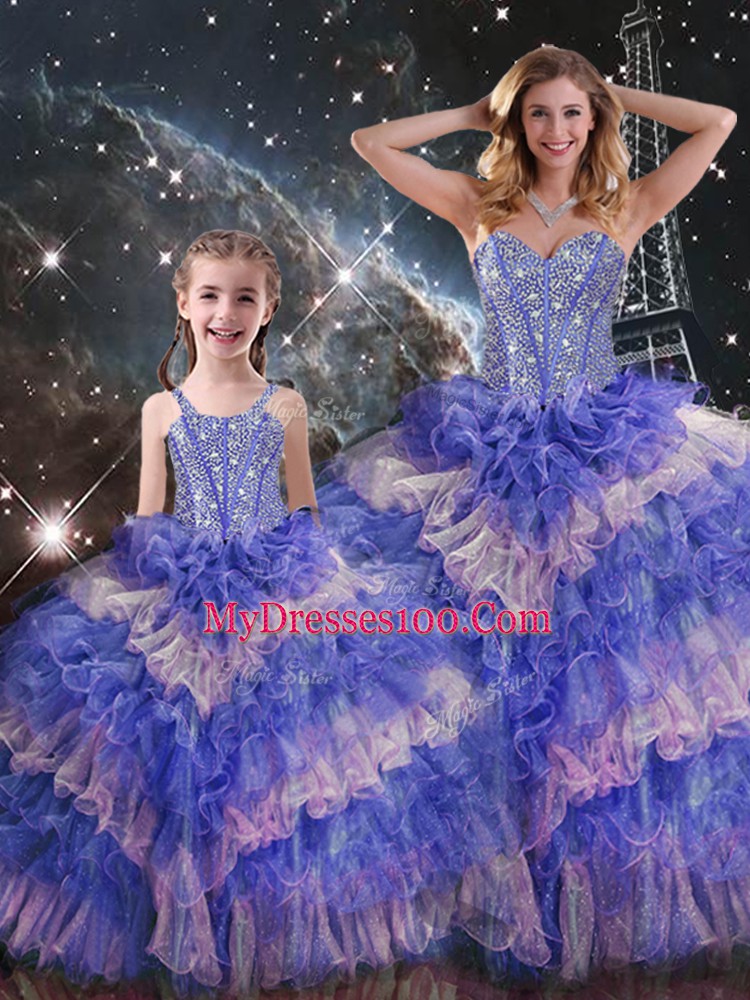 Multi-color Sweetheart Lace Up Ruffled Layers and Sequins Quince Ball Gowns Sleeveless