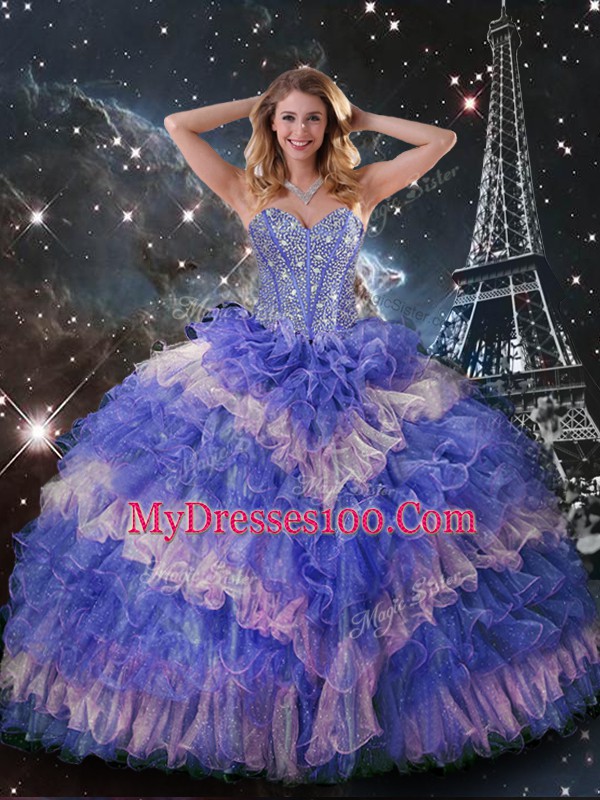 Multi-color Sweetheart Lace Up Ruffled Layers and Sequins Quince Ball Gowns Sleeveless