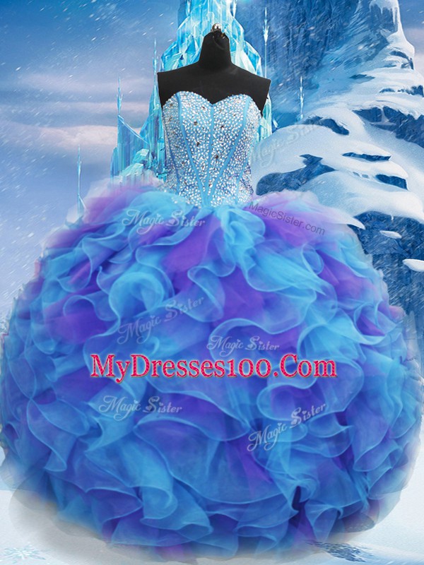 Popular Sweetheart Sleeveless Lace Up 15 Quinceanera Dress Blue Organza