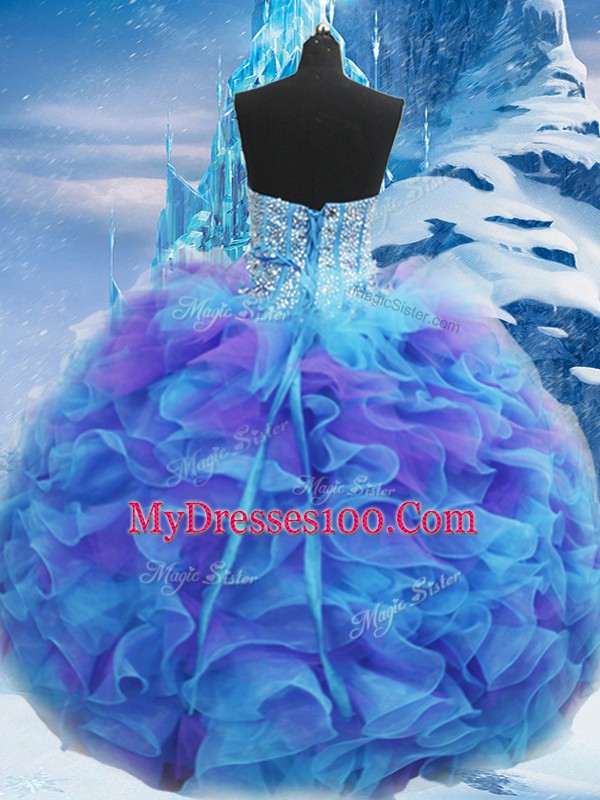 Popular Sweetheart Sleeveless Lace Up 15 Quinceanera Dress Blue Organza