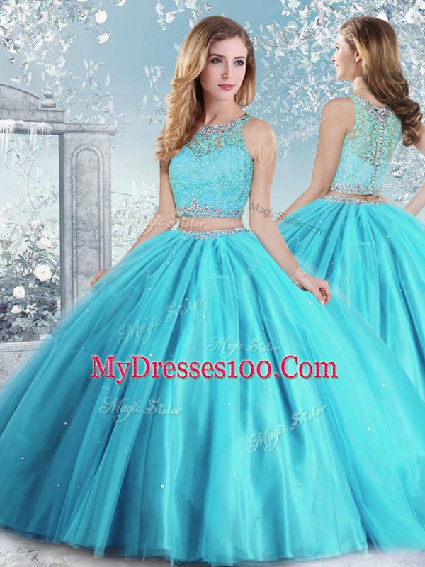 Fashionable Floor Length Clasp Handle Sweet 16 Dresses Aqua Blue for Military Ball and Sweet 16 with Beading and Sequins
