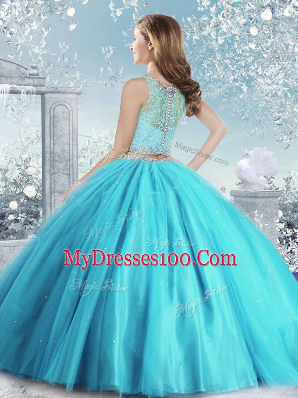 Fashionable Floor Length Clasp Handle Sweet 16 Dresses Aqua Blue for Military Ball and Sweet 16 with Beading and Sequins