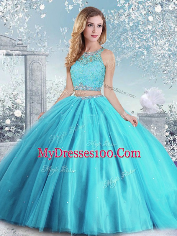Fashionable Floor Length Clasp Handle Sweet 16 Dresses Aqua Blue for Military Ball and Sweet 16 with Beading and Sequins