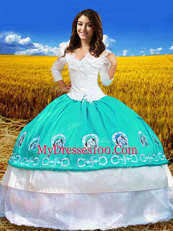 Fitting 3 4 Length Sleeve Taffeta Floor Length Lace Up Sweet 16 Quinceanera Dress in Aqua Blue with Embroidery