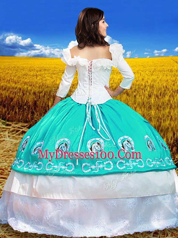 Fitting 3 4 Length Sleeve Taffeta Floor Length Lace Up Sweet 16 Quinceanera Dress in Aqua Blue with Embroidery