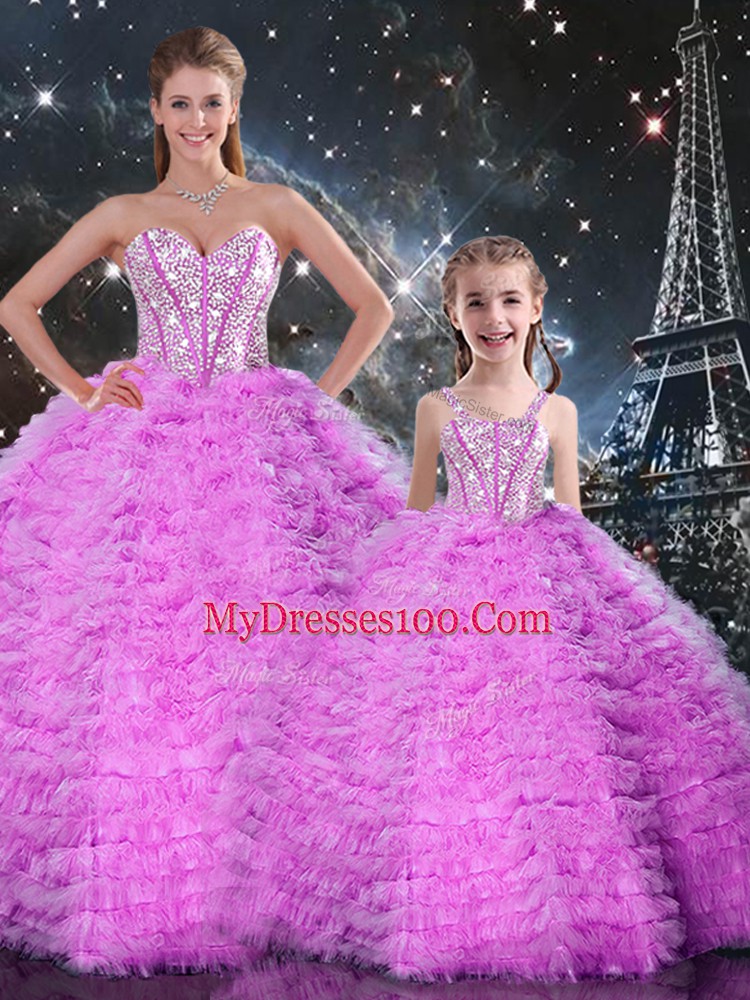On Sale Tulle Sweetheart Sleeveless Lace Up Beading and Ruffles Quinceanera Gown in Fuchsia